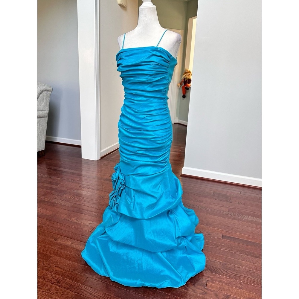 Vintage Let's Fashion Blue Layered Rouched Mermaid Gown Formal Dress Size XS - Picture 2 of 11